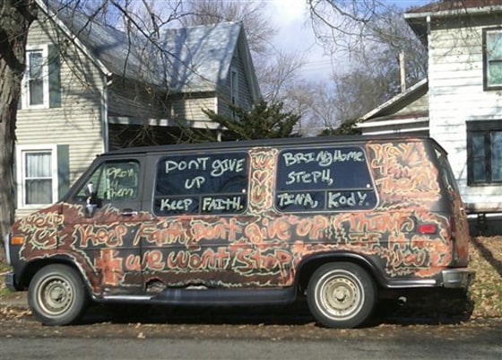 A spray painted van with messages to "Keep Faith", "Don't Give Up", "Pray 4 them" and "Bring Home Steph, Tina, Kody" is parked in Mount Vernon, Ohio on Wednesday, several days after 13-year-old Sarah Maynard was found bound and gagged in a basement. Search teams scoured vacant buildings and wooded areas for Maynard's mother, 32-year-old Tina Herrmann; Herrmann's 10-year-old son, Kody Maynard; and her 41-year-old friend, Stephanie Sprang.